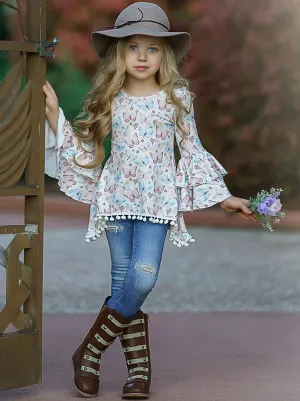 Girls Tiered Boho Sleeve Sidetail Tunic with Pom Pom Trim