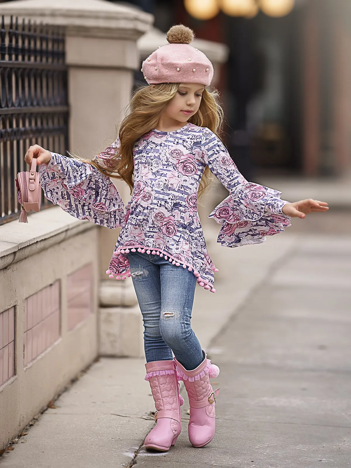 Girls Tiered Boho Sleeve Sidetail Tunic with Pom Pom Trim