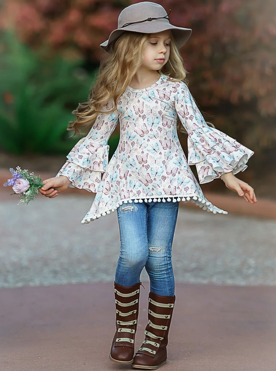 Girls Tiered Boho Sleeve Sidetail Tunic with Pom Pom Trim