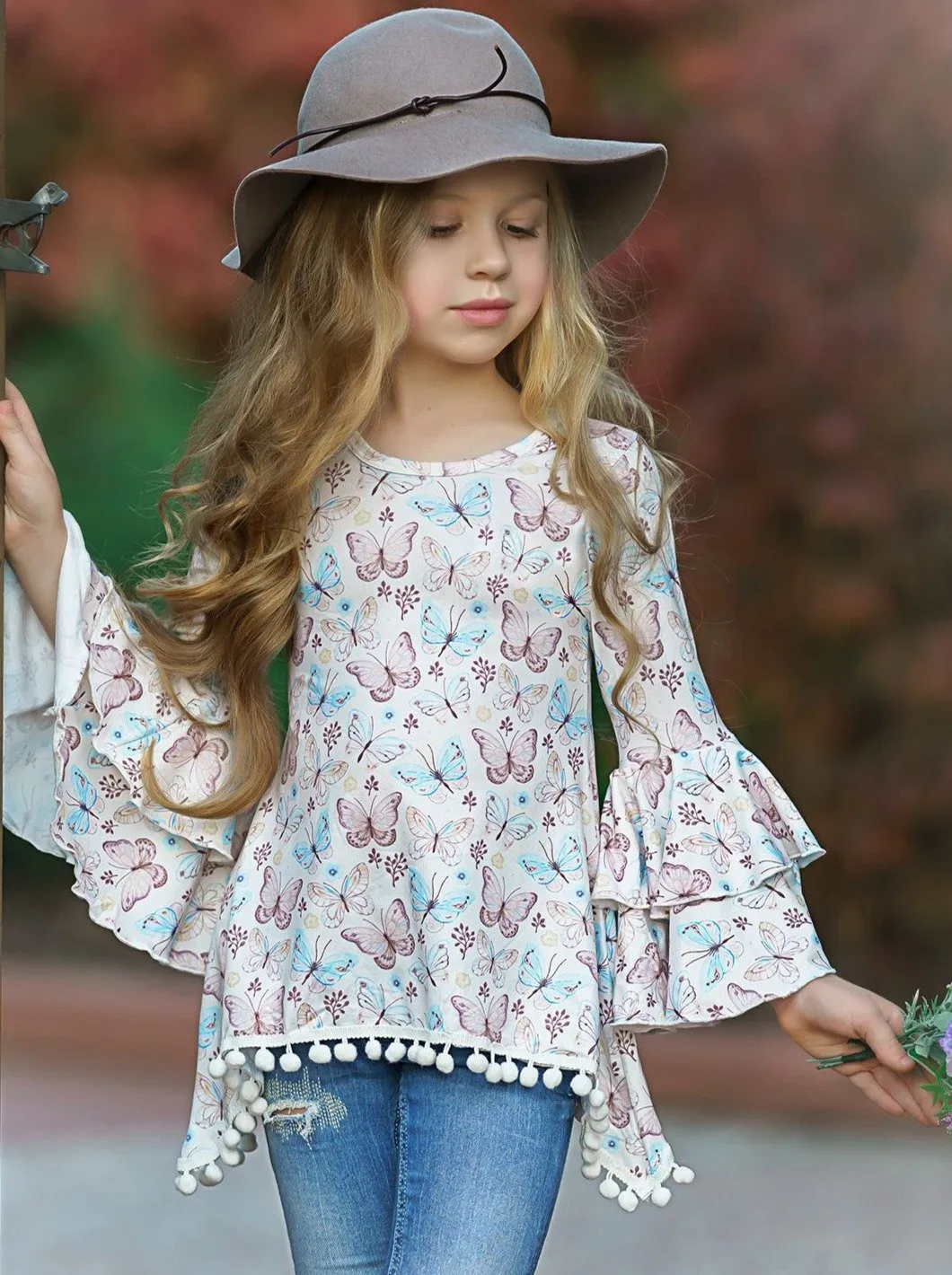 Girls Tiered Boho Sleeve Sidetail Tunic with Pom Pom Trim