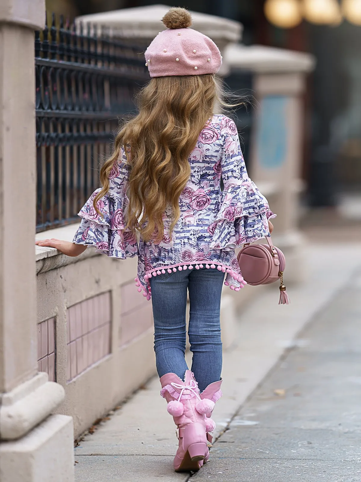 Girls Tiered Boho Sleeve Sidetail Tunic with Pom Pom Trim