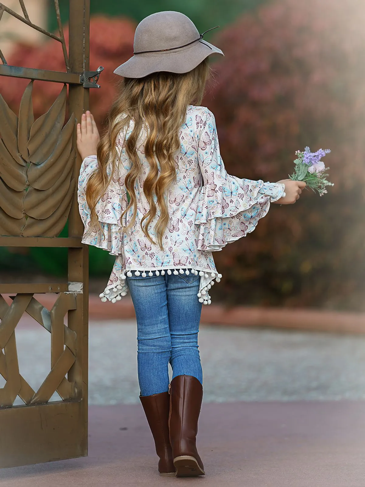 Girls Tiered Boho Sleeve Sidetail Tunic with Pom Pom Trim