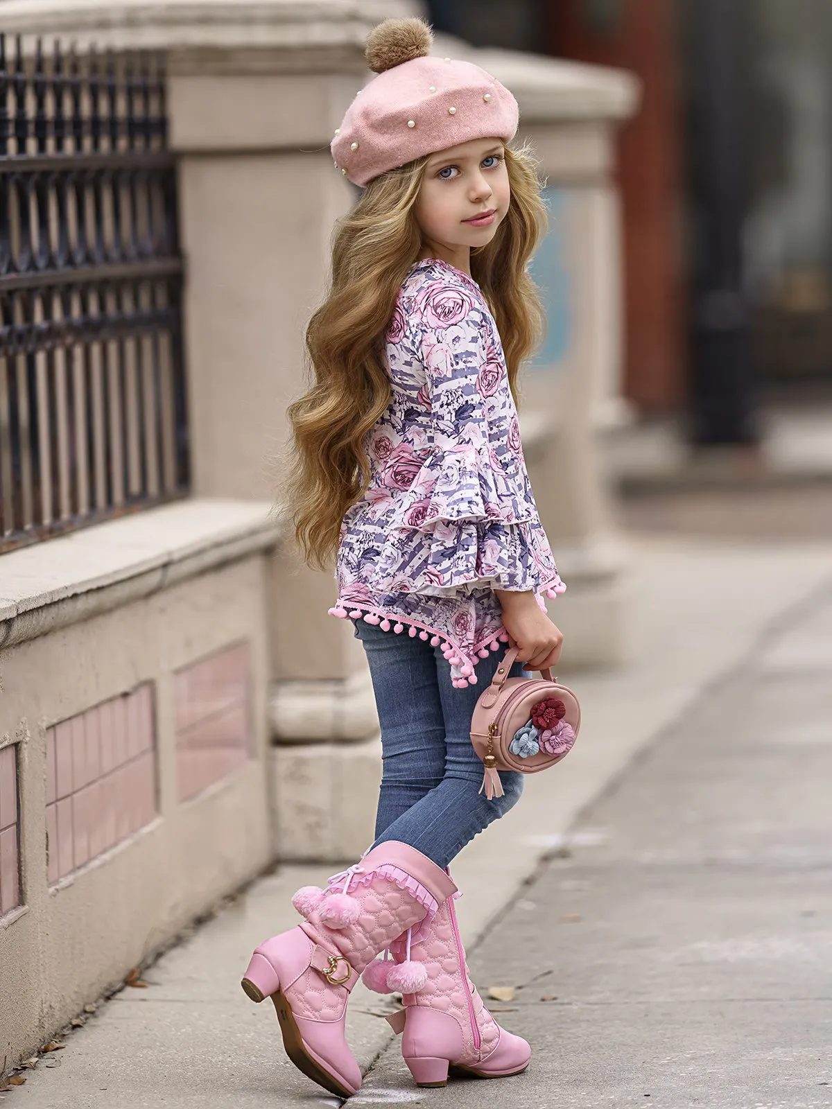 Girls Tiered Boho Sleeve Sidetail Tunic with Pom Pom Trim