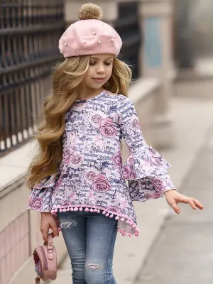 Girls Tiered Boho Sleeve Sidetail Tunic with Pom Pom Trim