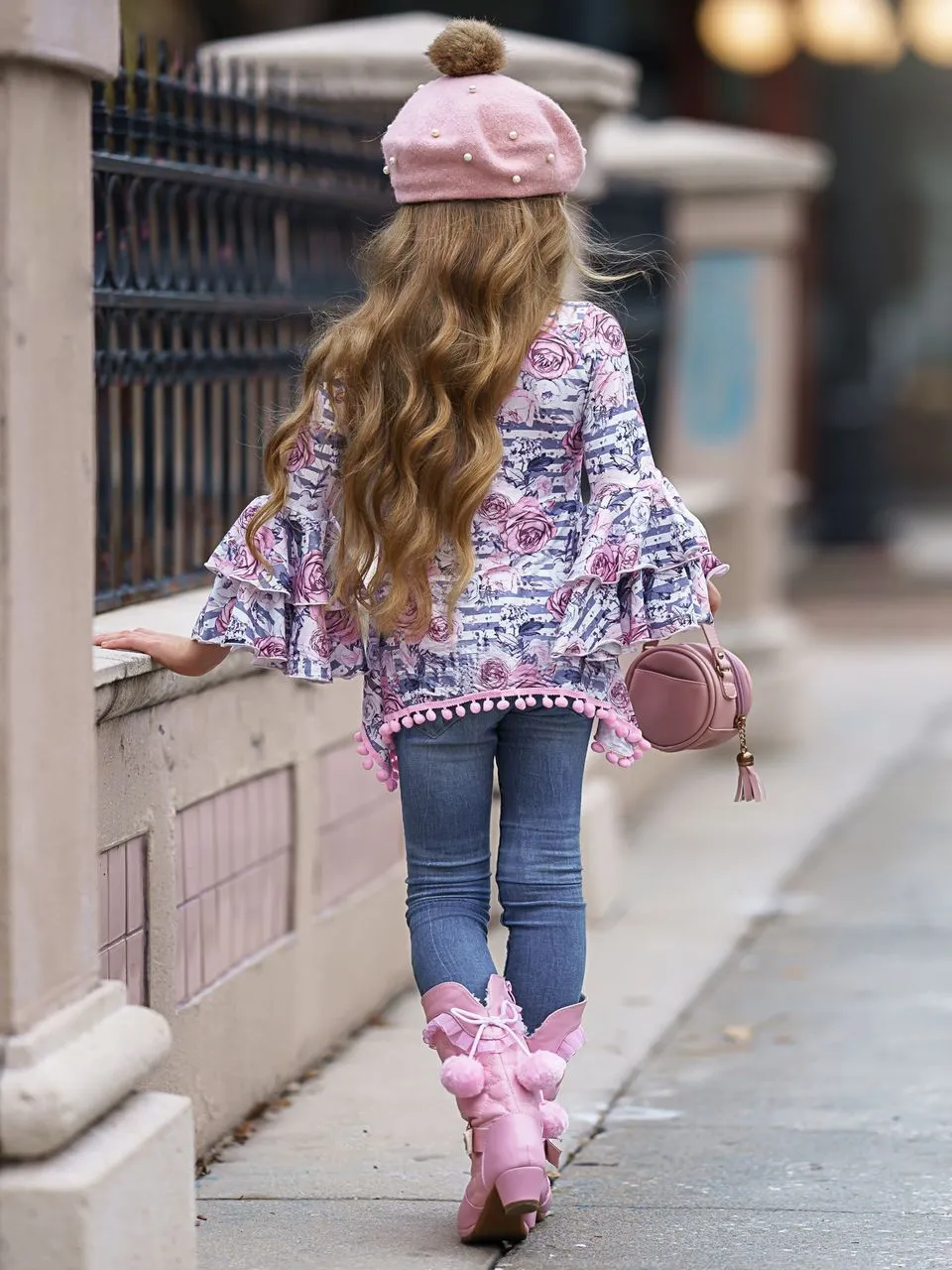 Girls Tiered Boho Sleeve Sidetail Tunic with Pom Pom Trim