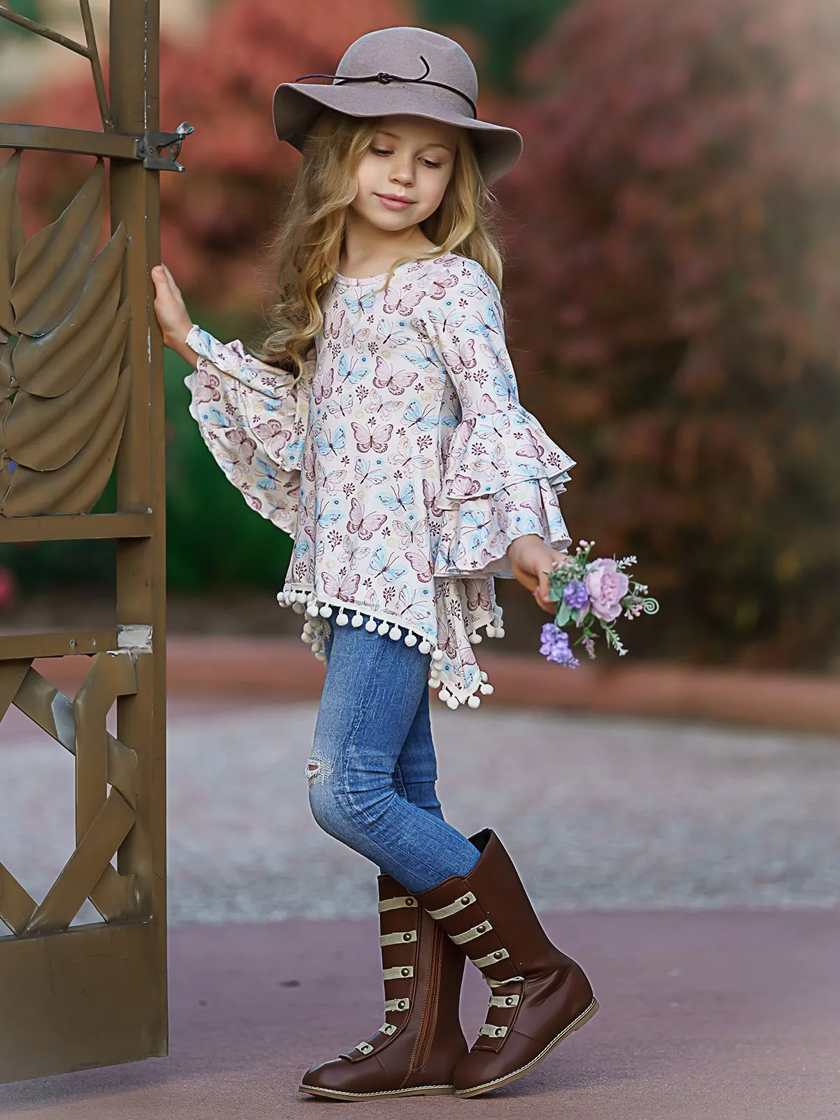 Girls Tiered Boho Sleeve Sidetail Tunic with Pom Pom Trim
