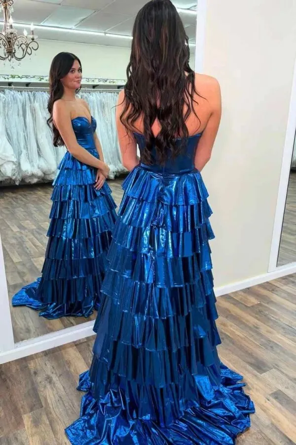 Gold Satin A Line Sweetheart Sleeveless Tiered Prom Dresses, Party Dress, MP1017