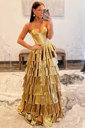Gold Satin A Line Sweetheart Sleeveless Tiered Prom Dresses, Party Dress, MP1017