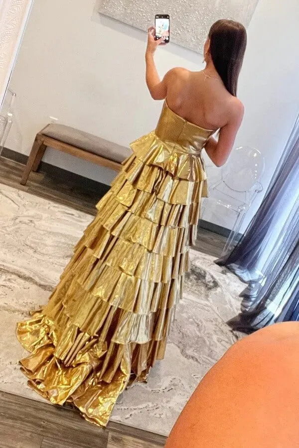 Gold Satin A Line Sweetheart Sleeveless Tiered Prom Dresses, Party Dress, MP1017