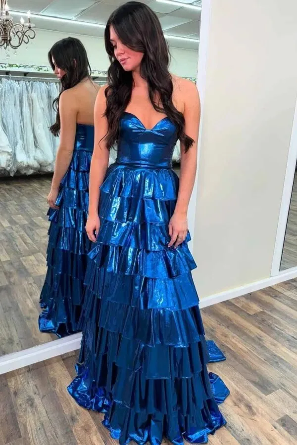 Gold Satin A Line Sweetheart Sleeveless Tiered Prom Dresses, Party Dress, MP1017