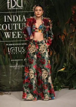 Green floral velvet suit set