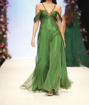 Green Off Shoulder A-Line Chiffon Long Party Dresses Evening Dresses, D878