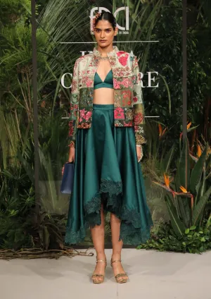 Green patchwork jacket and skirt set
