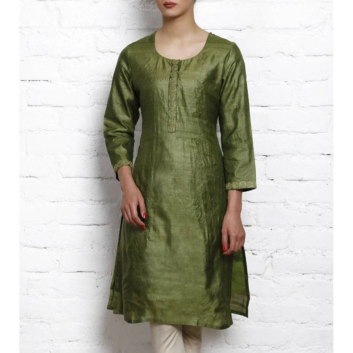 Green Tussar Silk Kurta with Golden Motifs
