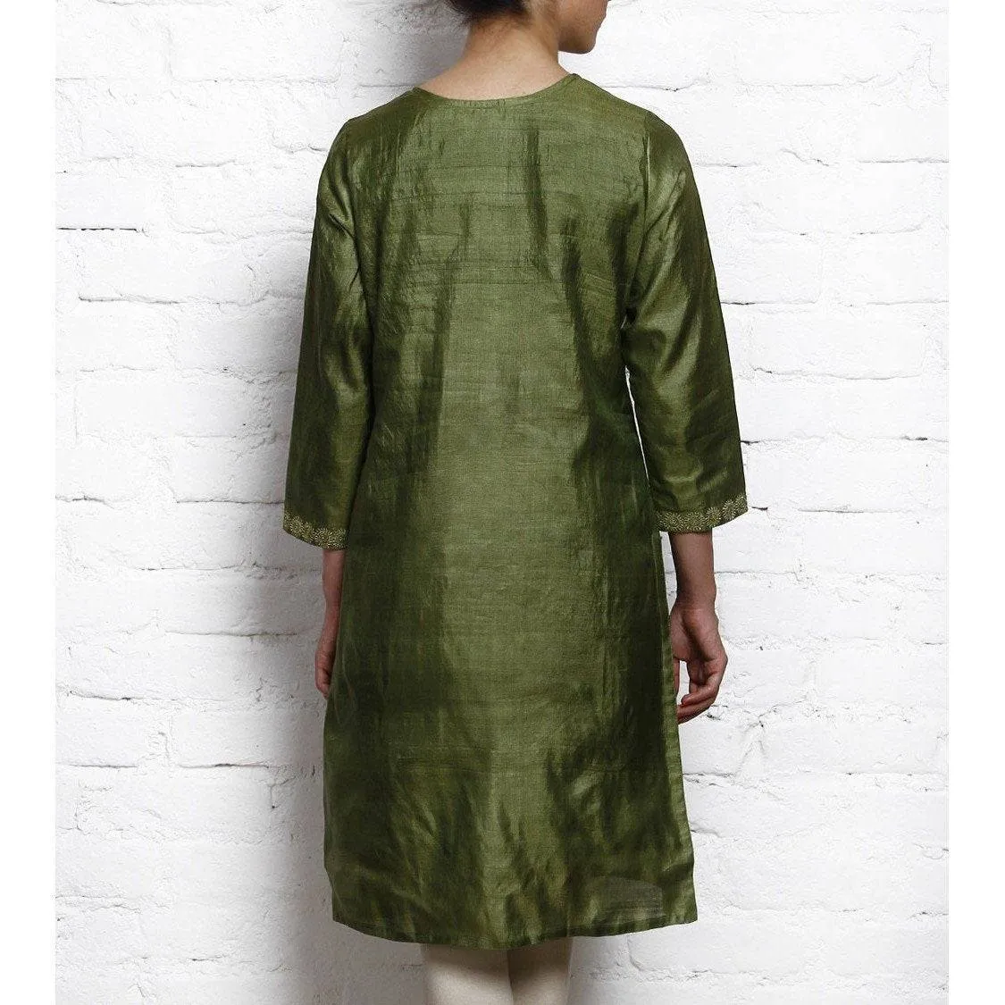Green Tussar Silk Kurta with Golden Motifs