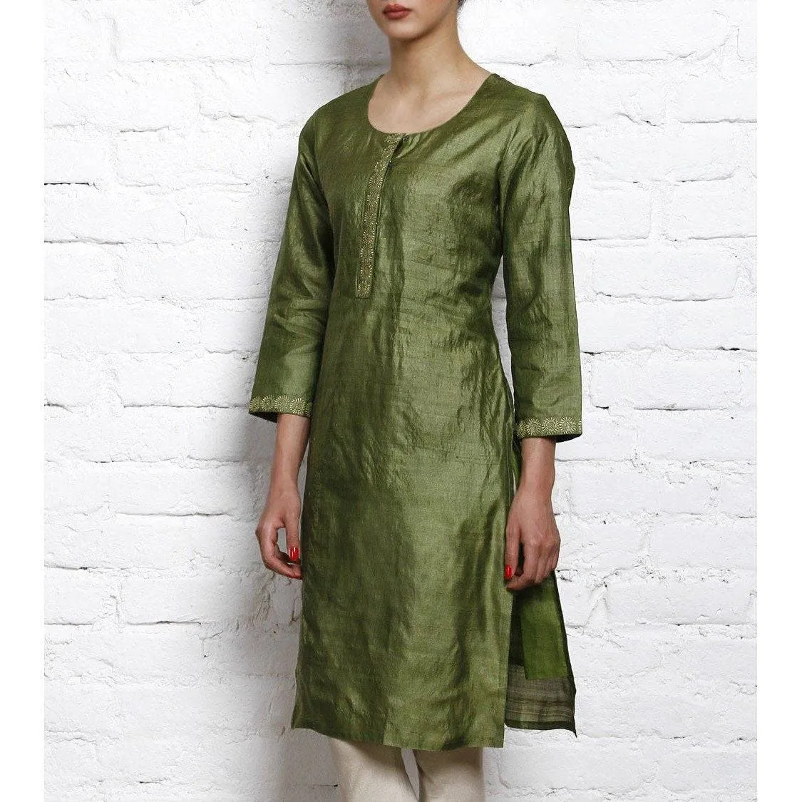 Green Tussar Silk Kurta with Golden Motifs