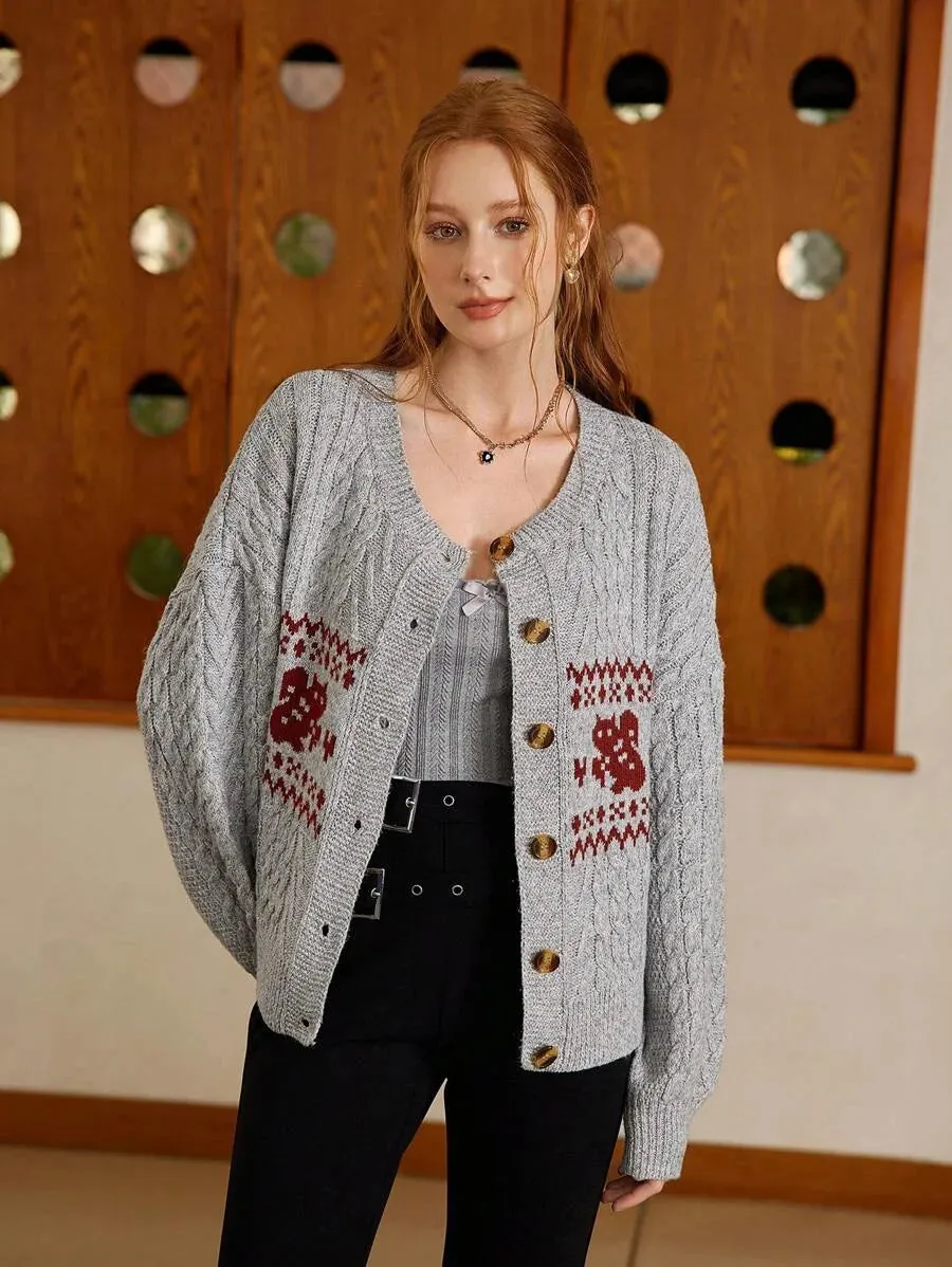 Haley Knit Animal Pattern Cardigan Sweater in Grey