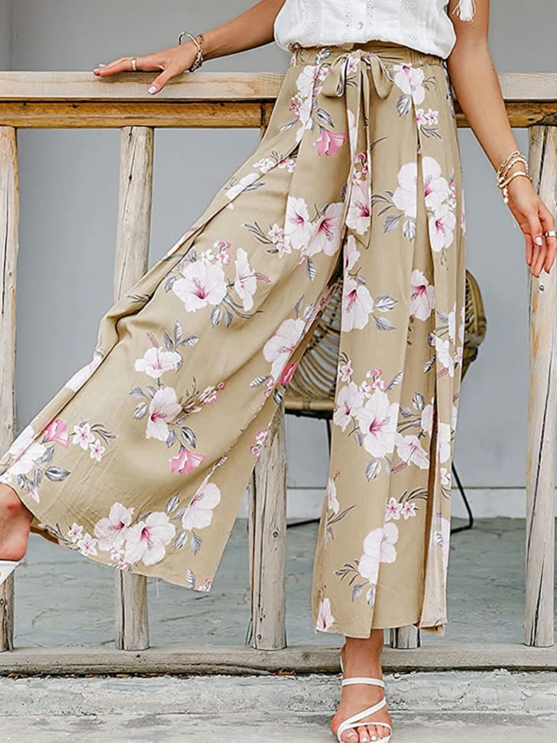 Hazel Blues® |  Tied Waist Slit Floral Wide leg Pants
