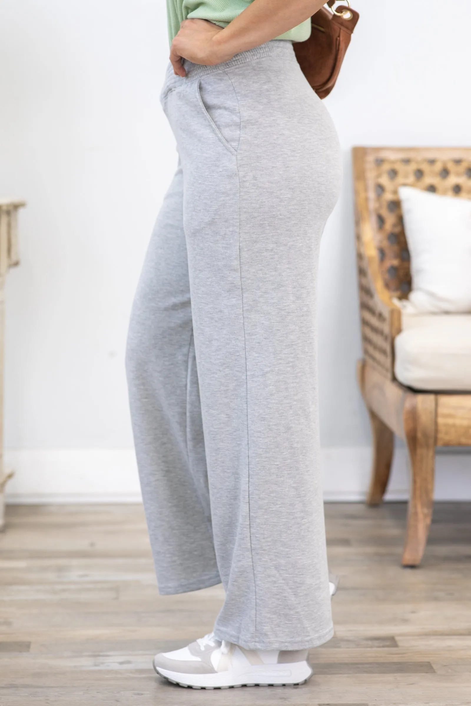 Heather Grey Ribbed Waistband Wide Leg Pants