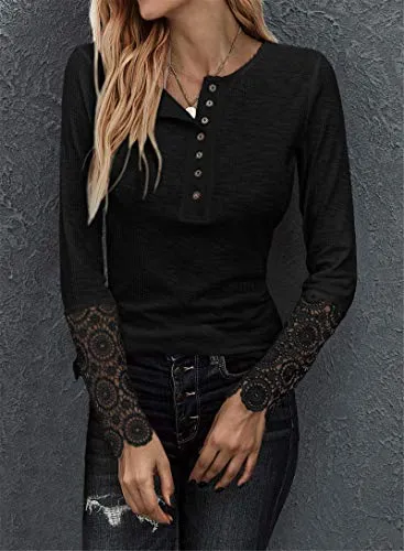 Henley Lace Tops Blouses