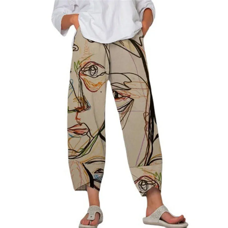 High Waist Gray Trousers Printed Stitching Loose Cropped Pants