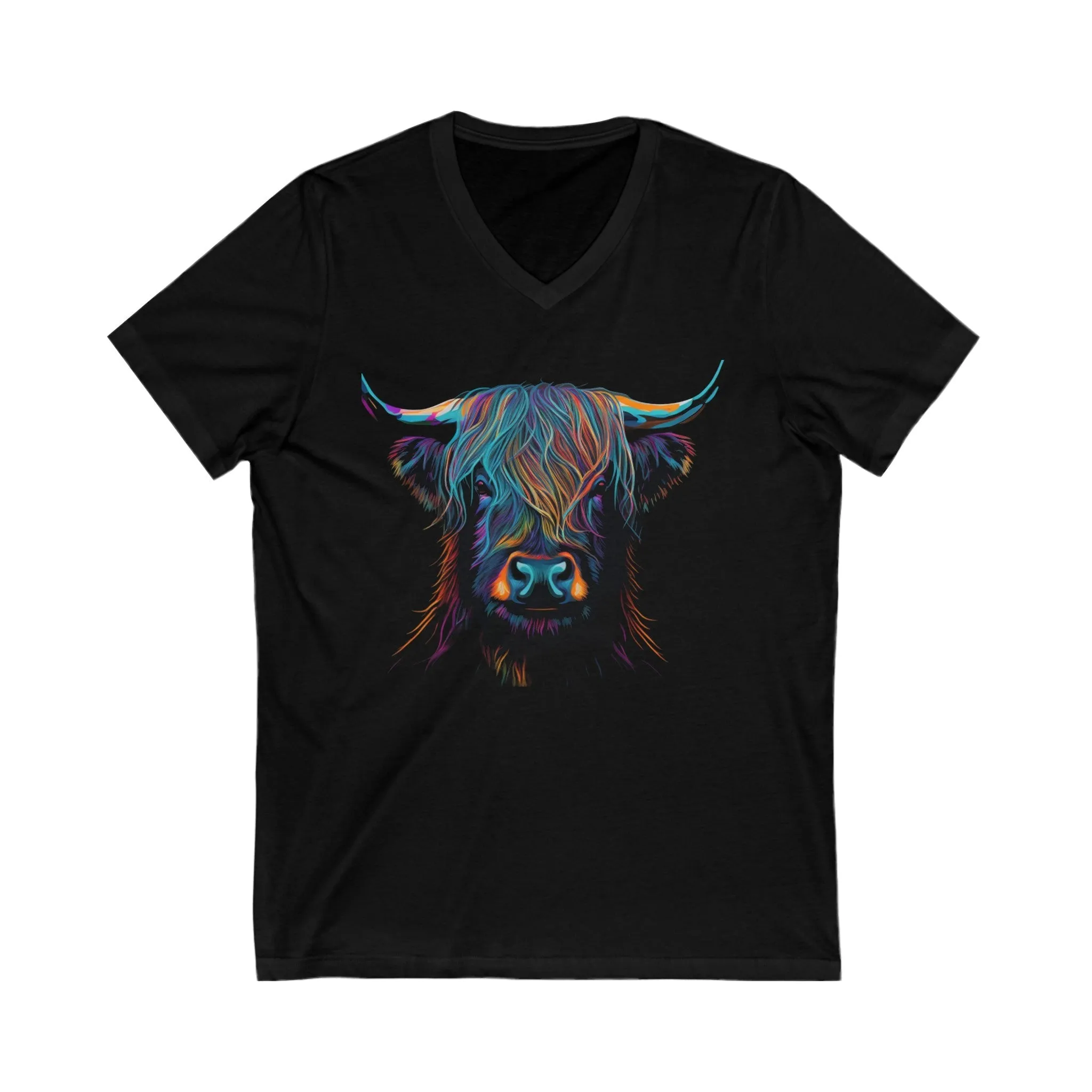 Highland Bull, Abstract Bull, Unisex Jersey Short Sleeve V-Neck Tee