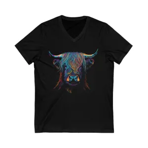 Highland Bull, Abstract Bull, Unisex Jersey Short Sleeve V-Neck Tee