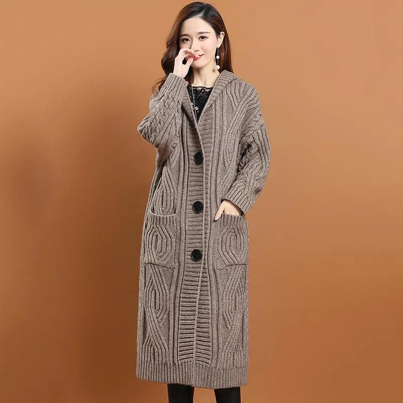 Hooded Knitted Cardigan Women's Outer Wear Autumn and Winter Long Loose Large Size Solid Color Sweater Jacket