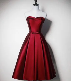 JazzHer A Line Strapless Burgundy Satin Tea Length Prom Dresses Homecoming Dress (PRE-ORDER)