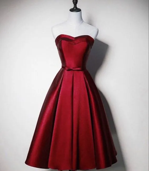 JazzHer A Line Strapless Burgundy Satin Tea Length Prom Dresses Homecoming Dress (PRE-ORDER)