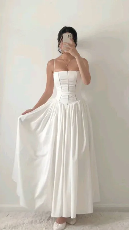 JazzHer Elegant A Line Spaghetti Straps Long White Chiffon Prom Dresses Evening Dress (PRE-ORDER)