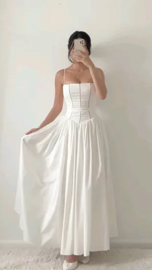 JazzHer Elegant A Line Spaghetti Straps Long White Chiffon Prom Dresses Evening Dress (PRE-ORDER)