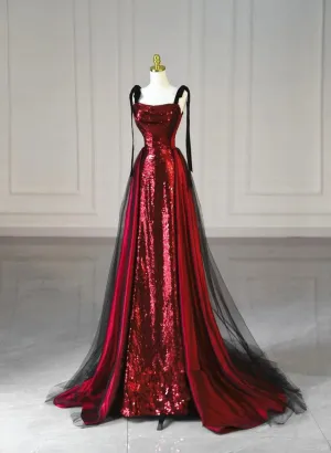 JazzHer Elegant A Line Straps Burgundy Sequin Long Prom Dresses Party Dresses (PRE-ORDER)