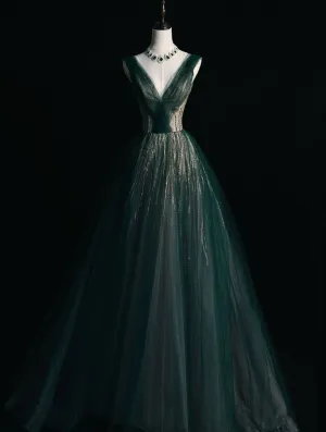 JazzHer Elegant A Line V Neckline Tulle Sleeveless Green Long Prom Dresses (PRE-ORDER)