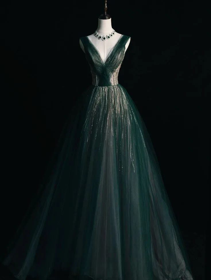 JazzHer Elegant A Line V Neckline Tulle Sleeveless Green Long Prom Dresses (PRE-ORDER)