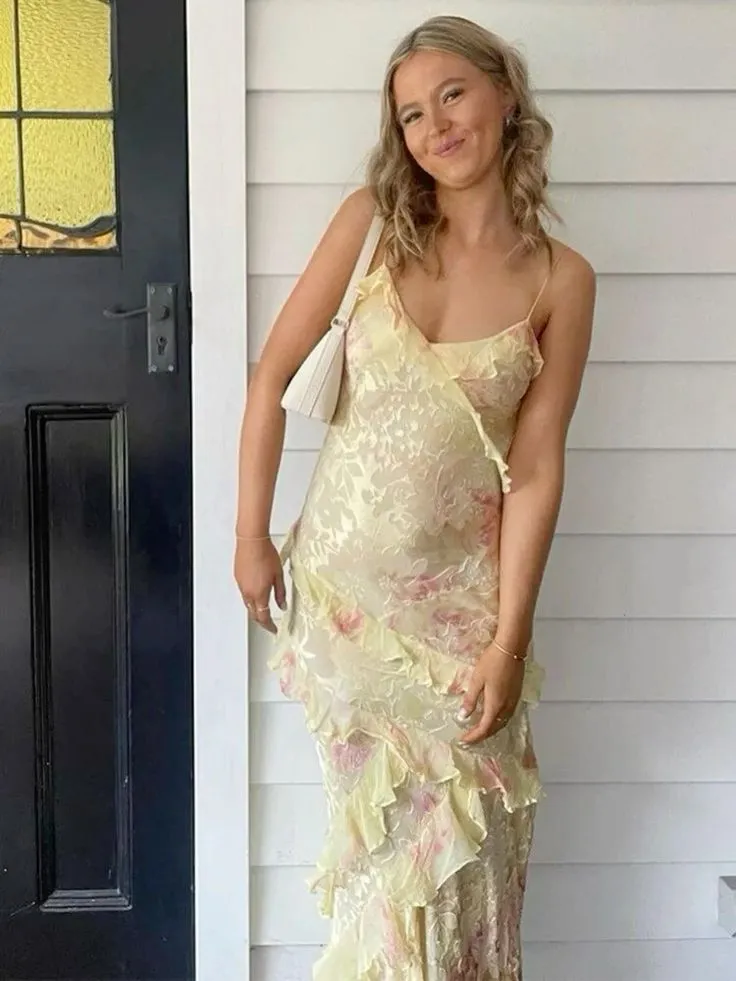 JazzHer Elegant Mermaid Spaghetti Straps Yellow Chiffon Long Lace Prom Dresses Evening Dress (PRE-ORDER)