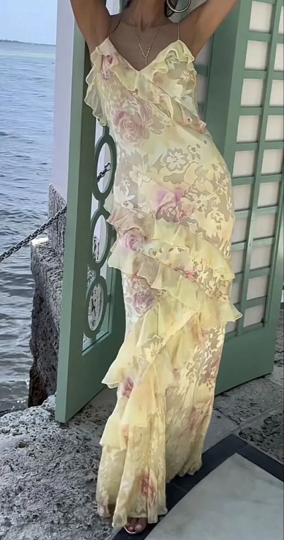 JazzHer Elegant Mermaid Spaghetti Straps Yellow Chiffon Long Lace Prom Dresses Evening Dress (PRE-ORDER)