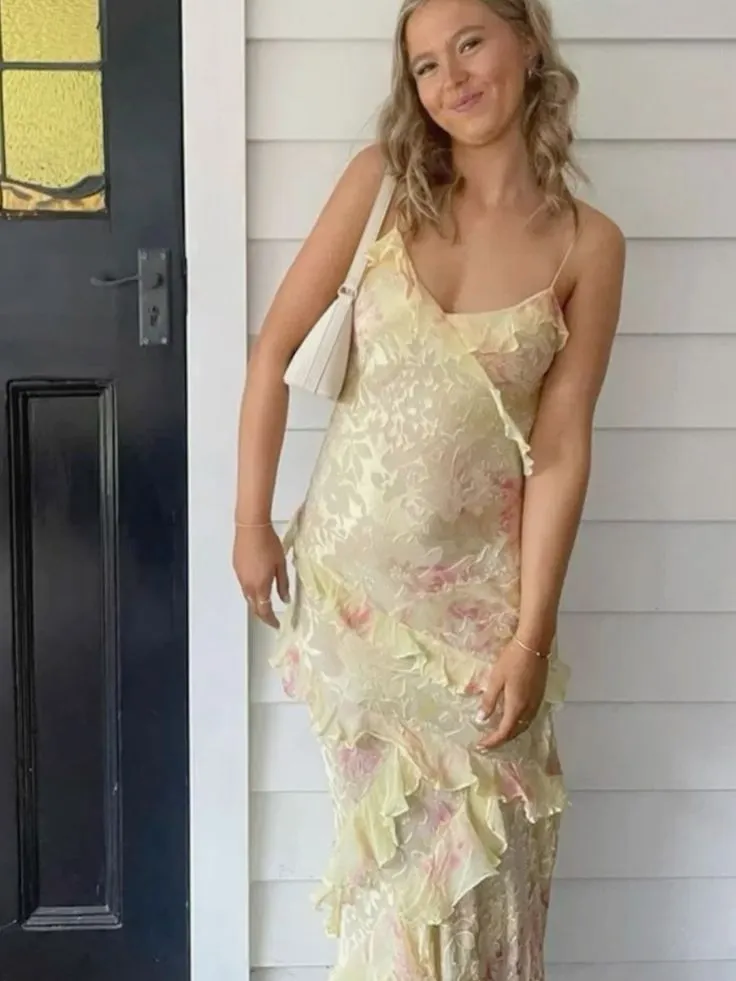 JazzHer Elegant Mermaid Spaghetti Straps Yellow Chiffon Long Lace Prom Dresses Evening Dress (PRE-ORDER)