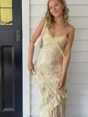 JazzHer Elegant Mermaid Spaghetti Straps Yellow Chiffon Long Lace Prom Dresses Evening Dress (PRE-ORDER)