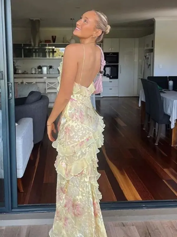 JazzHer Elegant Mermaid Spaghetti Straps Yellow Chiffon Long Lace Prom Dresses Evening Dress (PRE-ORDER)