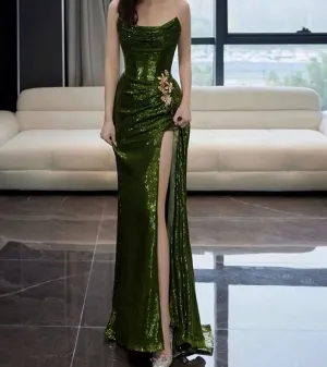 JazzHer Elegant Mermaid Strapless Dark Green Sequin Slit Long Prom Dresses Party Dresses (PRE-ORDER)