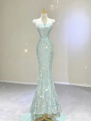 JazzHer Elegant Mermaid Strapless Sequin Mint Green Sleeveless Long Prom Dresses (PRE-ORDER)