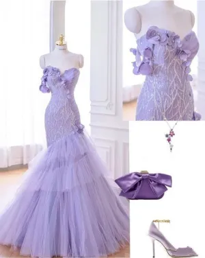 JazzHer Elegant Mermaid Sweetheart Sequin Lilac Sleeveless Long Prom Dresses Party Dress (PRE-ORDER)