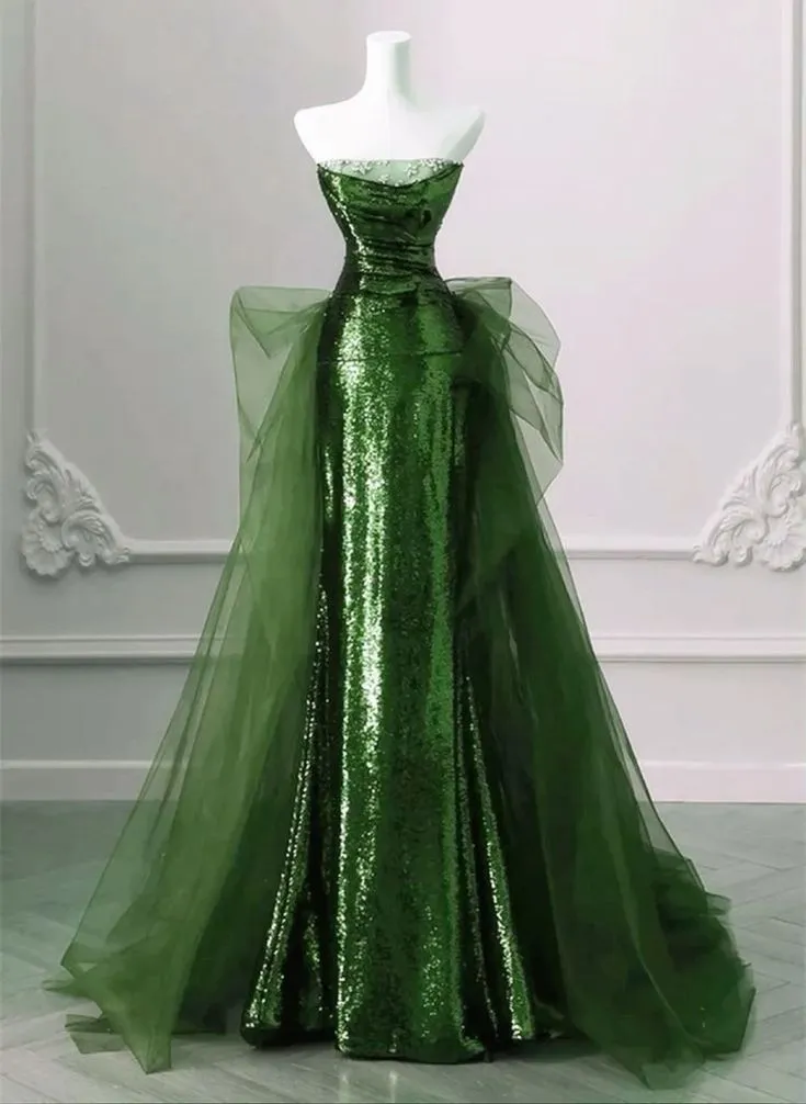 JazzHer Elegant Sheath Strapless Sequin Green With Silver Beads Prom Dresses Long Evening Dress (PRE-ORDER)
