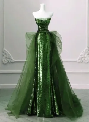 JazzHer Elegant Sheath Strapless Sequin Green With Silver Beads Prom Dresses Long Evening Dress (PRE-ORDER)