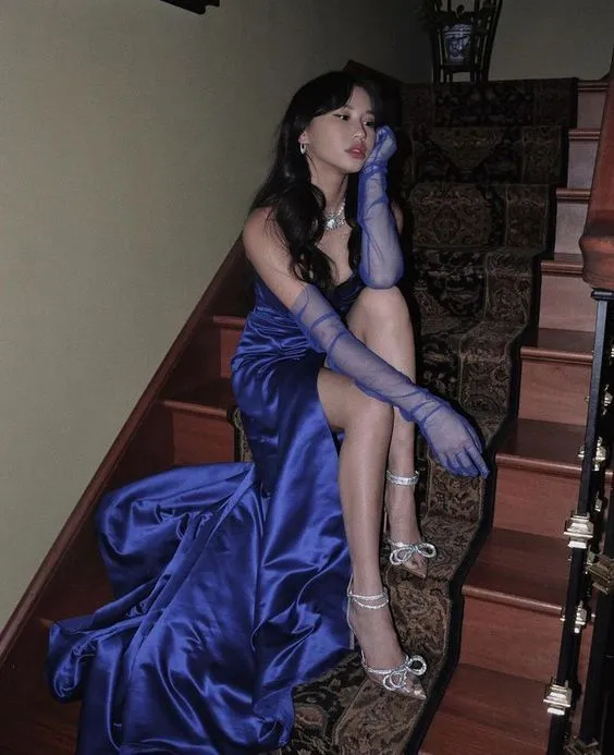 JazzHer Elegant Sheath Sweetheart Sleeveless Blue Satin Slit Prom Dresses Long Evening Dress (PRE-ORDER)