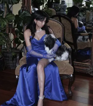 JazzHer Elegant Sheath Sweetheart Sleeveless Blue Satin Slit Prom Dresses Long Evening Dress (PRE-ORDER)
