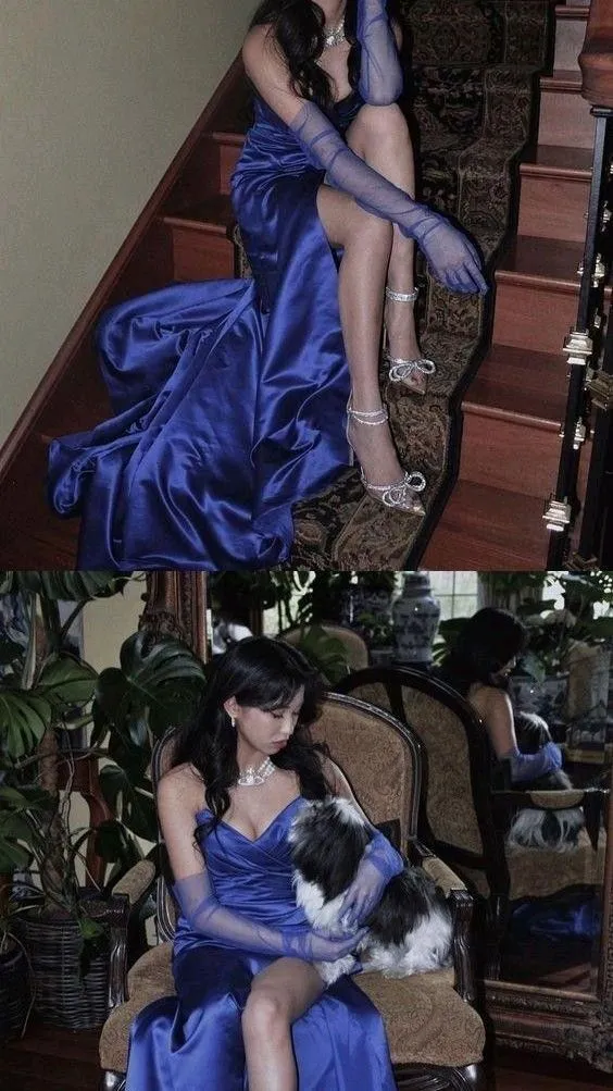 JazzHer Elegant Sheath Sweetheart Sleeveless Blue Satin Slit Prom Dresses Long Evening Dress (PRE-ORDER)