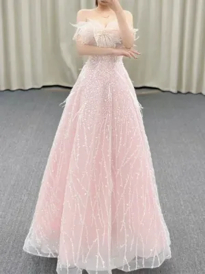JazzHer Gorgeous A Line Off The Shoulder Sequin Pink Long Evening Dress Prom Dresses Birthday Outfits (PRE-ORDER)
