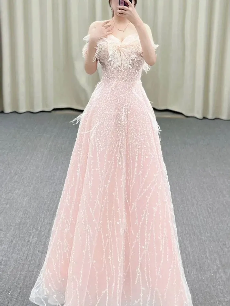 JazzHer Gorgeous A Line Off The Shoulder Sequin Pink Long Evening Dress Prom Dresses Birthday Outfits (PRE-ORDER)